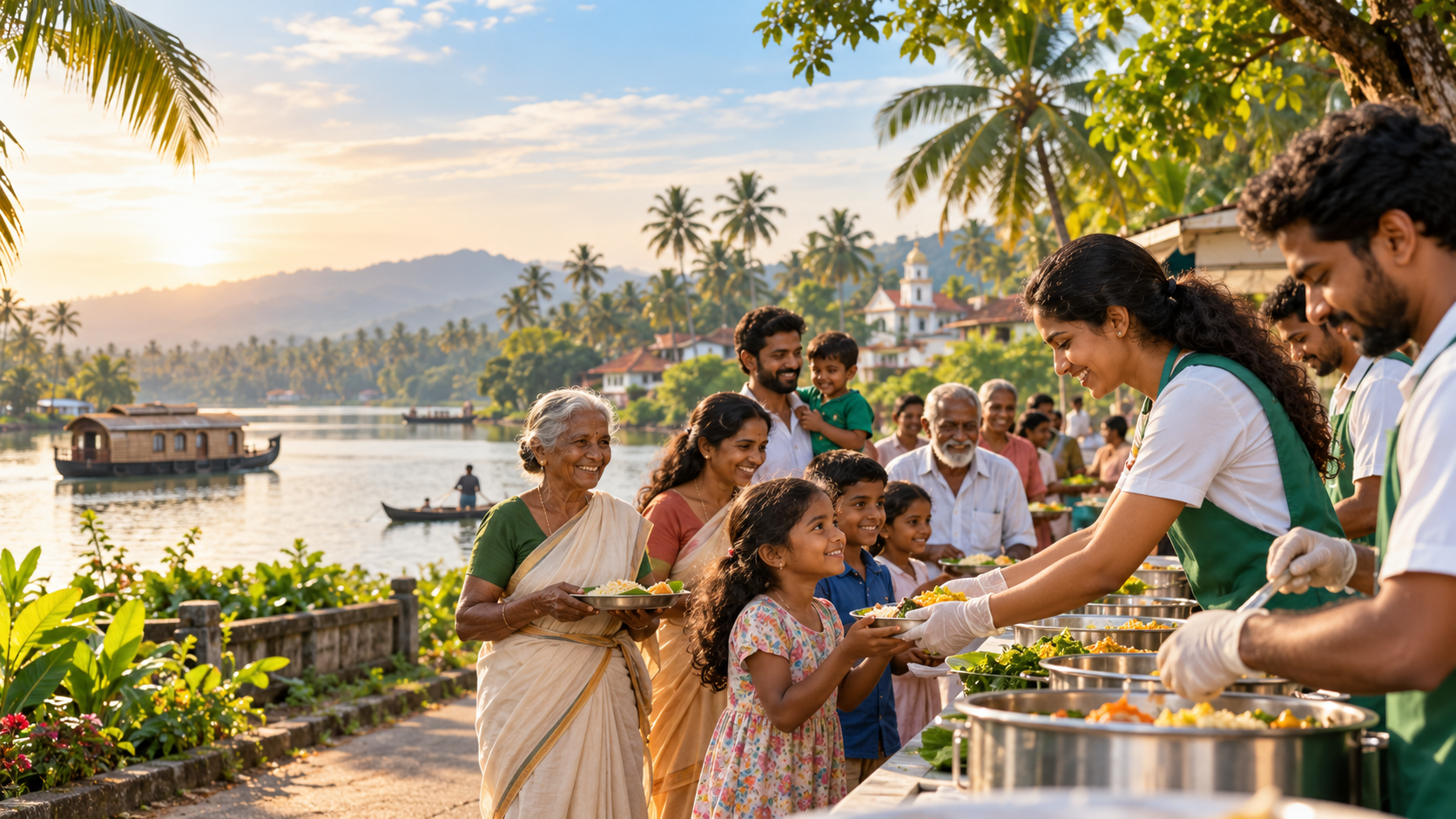 Volunteers serving food to families beside Kerala's backwaters